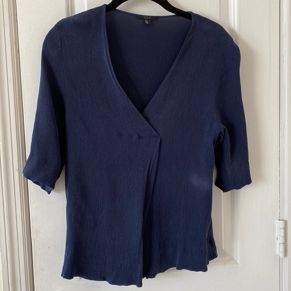 COS Navy Blue 3/4 Sleeve Wrap Top - Size US 6